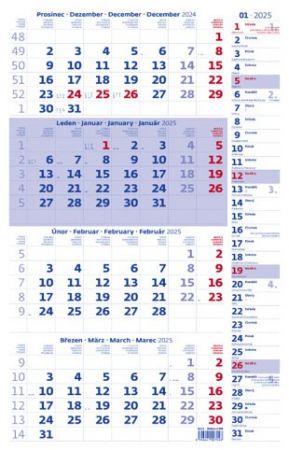 Kalendář nástěnný Čtyřměsíční modrý s poznámkami 2025 / 31,5cm x 56cm / N214-25