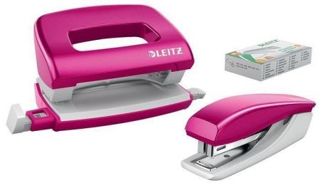 Sada sešívačky s děrovačkou "Wow Mini", růžová, mini, 10 listů, kov, LEITZ