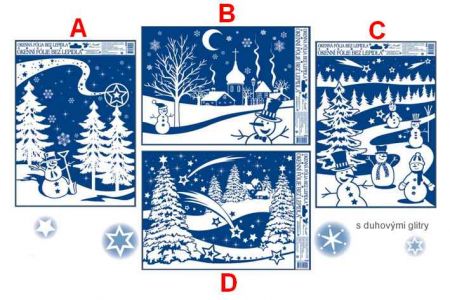 Okenní fólie bílá s duhovými glitry - zasněžená krajinka 38x30cm 4 druhy