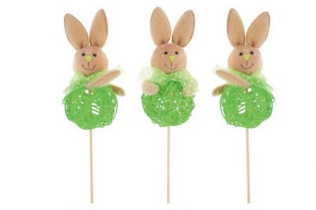 Zajíček zelený ratan a plyš zápich 11cm + špejle