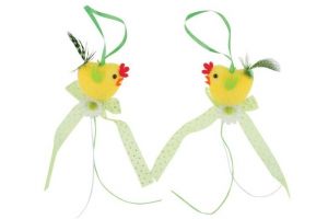 Kuřátka na zavěšení se zelenou mašlí 16cm,2ks