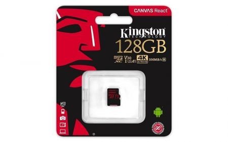 Paměťová karta "Canvas React", micrSDXC, 128GB, C10/U3/V30/A1, 100/80 MB/s, KINGSTON