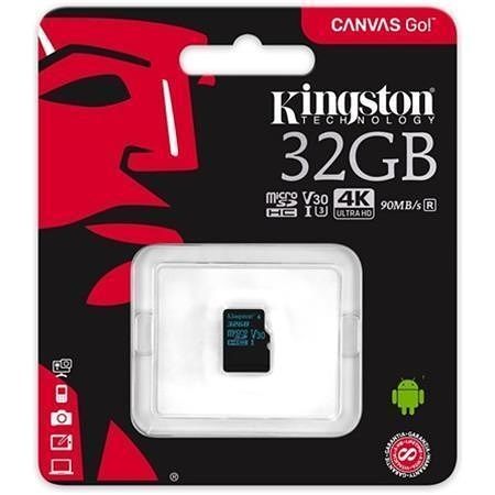 Paměťová karta Micro SDHC, 32GB, U3, UHS-I, 90/45MB/s, bez adaptéru, KINGSTON "Canvas Go"