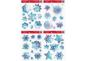 Okenní folie vločky a hvězdy modré s glitry 38x30cm