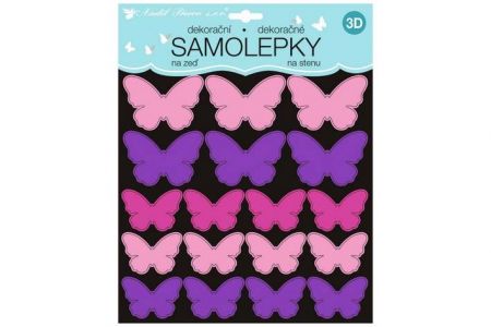 Samolepky na zeď 3D růžovofialoví motýli 2 archy 35 ks 25x16 cm+25x25cm