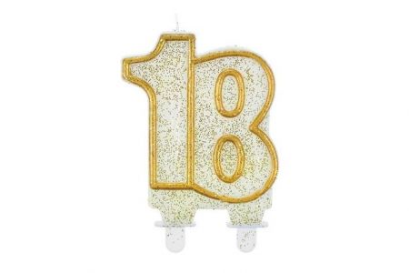 Svíčka narozeninová - číslice 18 zlacená s glitry 8cm