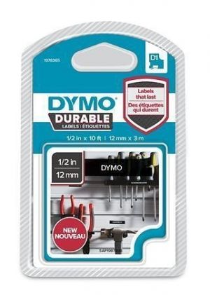 Páska "D1 Durable", bílá na černé, 12 mm x 3 m, DYMO