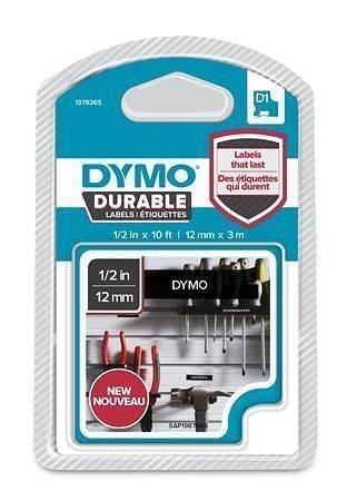 Páska "D1 Durable", bílá na černé, 12 mm x 3 m, DYMO
