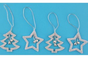 Hvězda, strom stříbrné glitrové na zavěšení 5cm 4ks