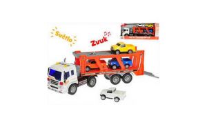 Tahač s přívěsem 38cm 1:16 na setrvačník +4ks auta na baterie se sětlem a zvukem