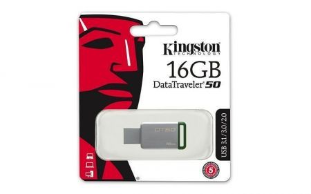 USB flash disk "DT50", stříbrno-zelená, 16GB, USB 3.1, KINGSTON