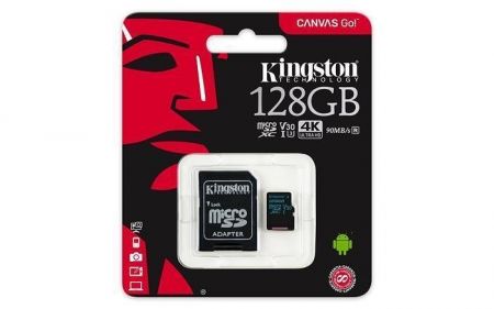 Paměťová karta Micro SDXC, 128GB, U3, UHS-I, 90/45MB/s, s adaptérem, KINGSTON "Canvas Go"