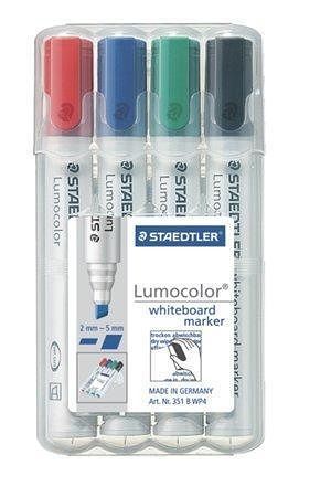 Popisovač na bílou tabuli "Lumocolor 351 B", sada, 4 barvy, klínový hrot, STAEDTLER
