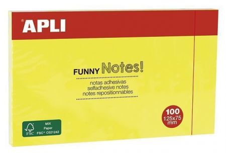 Samolepicí blok "FUNNY", žlutá, 125x75 mm, 100 listů, APLI