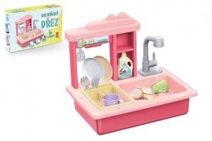 Dřez na mytí nádobí růžový + kohoutek na vodu na baterie plast s doplňky v krabici 46x28x