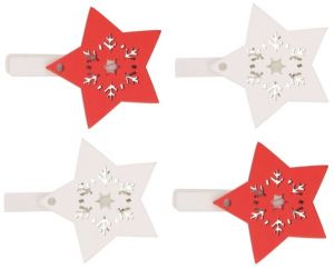 Hvězda dřevěná na kolíčku 4,5 cm, červená a bílá, 4 ks