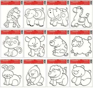 Předlohy na malování na sklo s vyvýšenou konturou zvířátka 12 motivů, 14x14cm