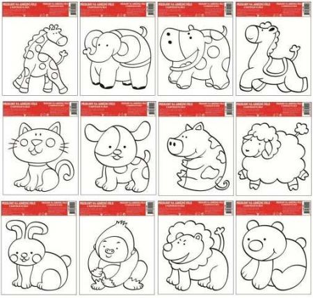 Předlohy na malování na sklo s vyvýšenou konturou zvířátka 12 motivů, 14x14cm