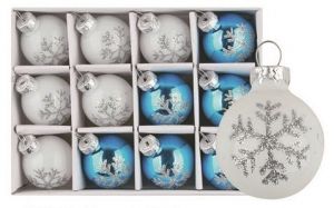 Sada skleněných baněk bílých a modrých s vločkou 3cm, 12ks