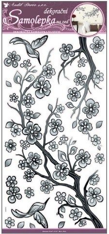 Samolepky na zeď černá větvička s glitry a kamínky 60x32cm