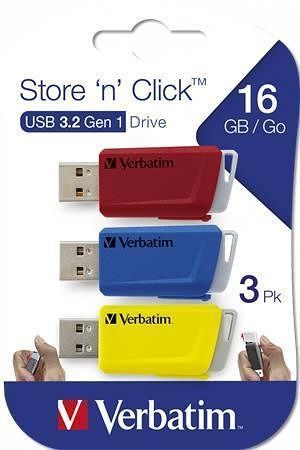 USB flash disk "Store n Click", červená, modrá, žlutá, 3 ks x 16GB, USB 3.2, 80/25MB/sec,