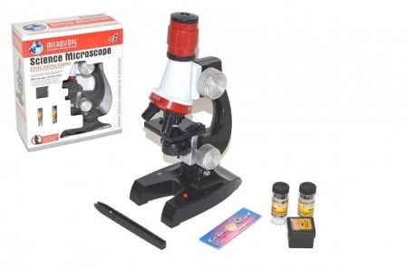 Mikroskop s doplňky plast 10x20cm na baterie se světlem v krabici 19x24x9cm