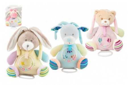 Hrací strojek natahovací 17cm s chrastítkem plyš na kartě v sáčku 0+ 4druhy