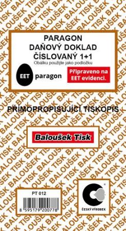 Paragon - daňový doklad číslovaný 1+1přímopropisující / PT012 / Baloušek