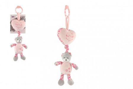 Medvěd se srdíčkem plyš závěs na postýlku/kočárek nat. hrací strojek 34cm růžový na kartě