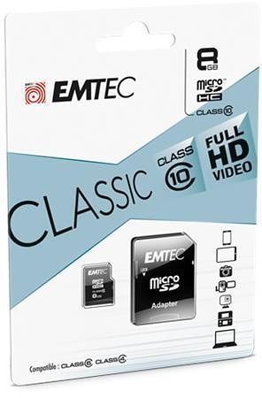 Paměťová karta "Classic", microSD, 8GB, 20/12 MB/s, adaptér, EMTEC ECMSDM8GHC10CG