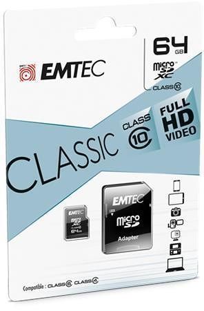 Paměťová karta "Classic", microSDXC, 64GB, CL10, 20/12 MB/s, adaptér, EMTEC ECMSDM64GXC10C
