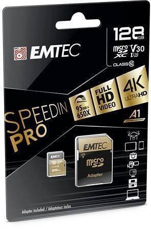 Paměťová karta "SpeedIN", microSDXC, 128GB, UHS-I/U3/V30/A2, 100/95 MB/s, adaptér, EMTEC E