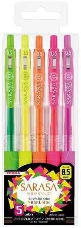 Sada gelových per "Sarasa Clip Neon", 5 neonových barev, 0,33 mm, stiskací, ZEBRA 69440