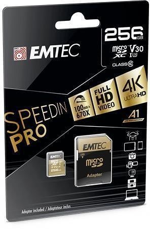 Paměťová karta "SpeedIN", microSDXC, 256GB, UHS-I/U3/V30/A2, 100/95 MB/s, adaptér, EMTEC E