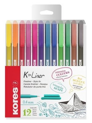 KORES K-LINER SET, šíře stopy 0,4 mm, mix 12 barev (modrá, černá, červená, zelená, hnědá,