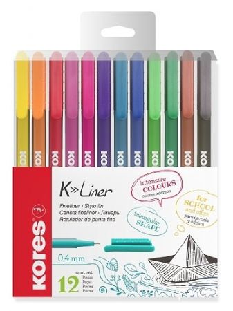 KORES K-LINER SET, šíře stopy 0,4 mm, mix 12 barev (modrá, černá, červená, zelená, hnědá,