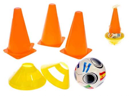 Fotbalové kužely 18cm 4ks + mety 4ks s míčem 11cm, 10m+, v síťce
