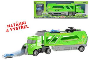 Přepravník aut 41cm na volný chod + 3auta 6cm kov na volný chod v krabočce