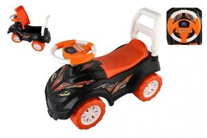 Odrážedlo černo-oranžové plast 66x28cm na baterie se zvukem v krabici 31x66x32cm