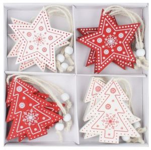 Dřevěné dekorace na zavěšení 8 cm, 12 ks v krabičce