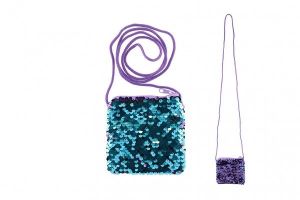 Kabelka s flitry měnícími látková fialová 10,5x11cm v sáčku