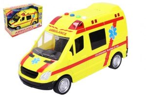 Auto ambulance záchranáři plast 21cm na baterie se světlem a zvukem v krabici 25x17x12cm
