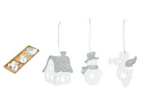 Ozdoby dřevěné bílé s glitrem 9ks/7,5cm mix