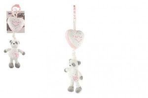 Medvěd se srdíčkem plyš závěs na postýlku/kočárek 50cm nat. hrací strojek růžový na kartě