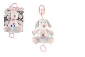 Pes chrastítko plyš 18cm závěs na postýl./koč. natahovací hrací strojek růžový na kartě