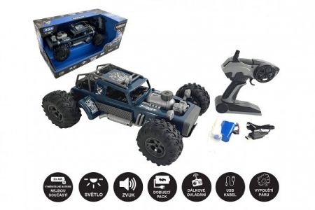 Auto RC buggy vypouštějící páru plast 38cm modré 2,4GHz na bat. + dobíjecí pack v krabici