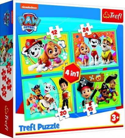 Puzzle 4v1 Šťastný tým Paw Patrol/Tlapková Patrola v krabici 28x28x6cm