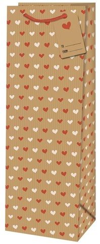 Dárková taška na láhev o rozměrech 12,6x8,9x36 cm s motivem srdíček
