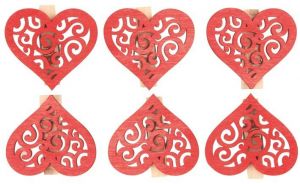 Srdce dřevěné červené s kolíčkem 4 cm, 6 ks