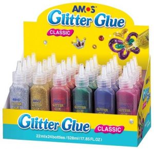 Glitrové lepidlo 22 ml - 24 ks po 6 barvách, display